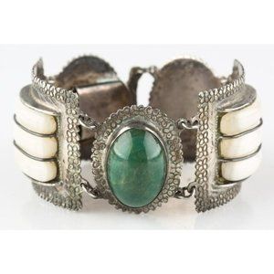 Vtg Mexican Silver Green/White (Jade/Quartz) Gemstone Cuff Bracelet 7" 112.6 g